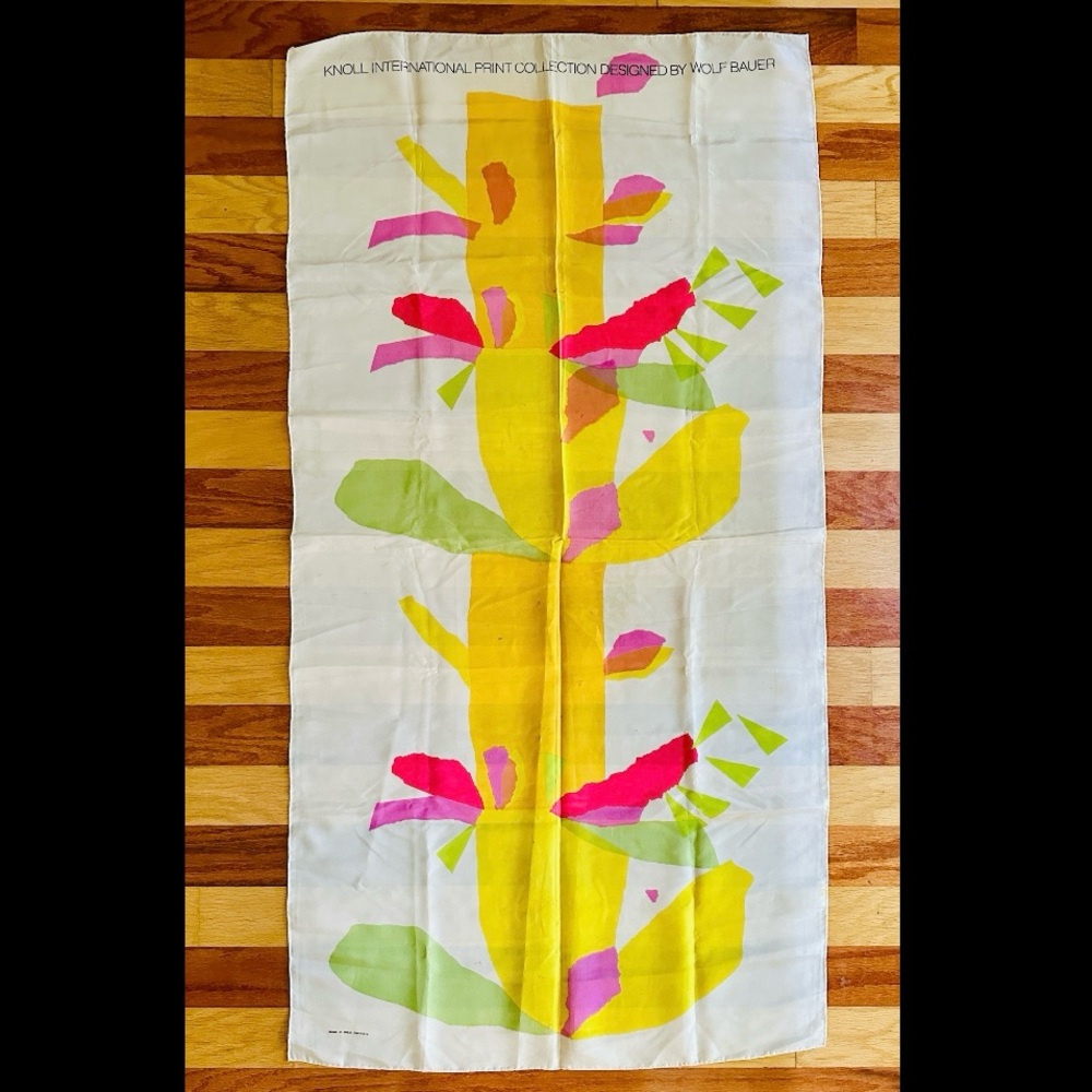 VINTAGE 1960s KNOLL SILKY ACETATE FABRIC TEXTILE WOLF BAUER COLLAGE SCARF BANNER